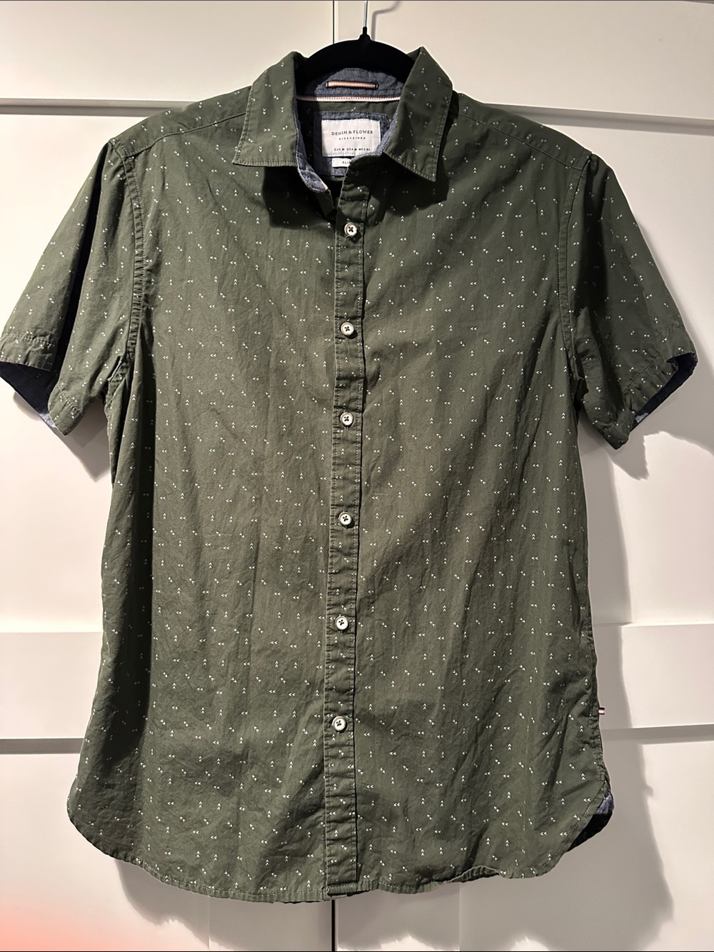 Olive Green Short Sleeve Button-Down with Micro Print